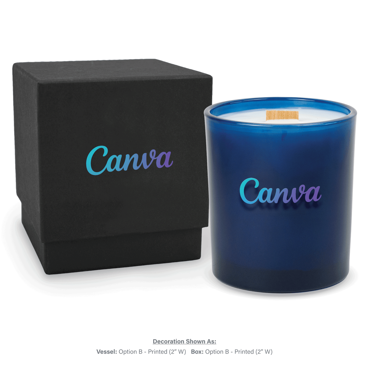 14 oz. Blue glass candle with custom printed logo next to its matching Black gift box
