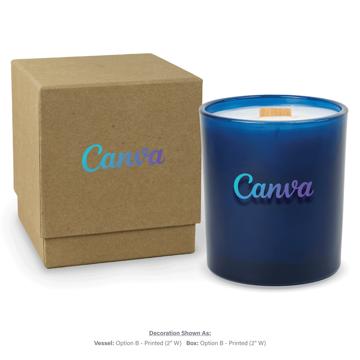 14 oz. Blue glass candle with custom printed logo next to its matching Kraft gift box