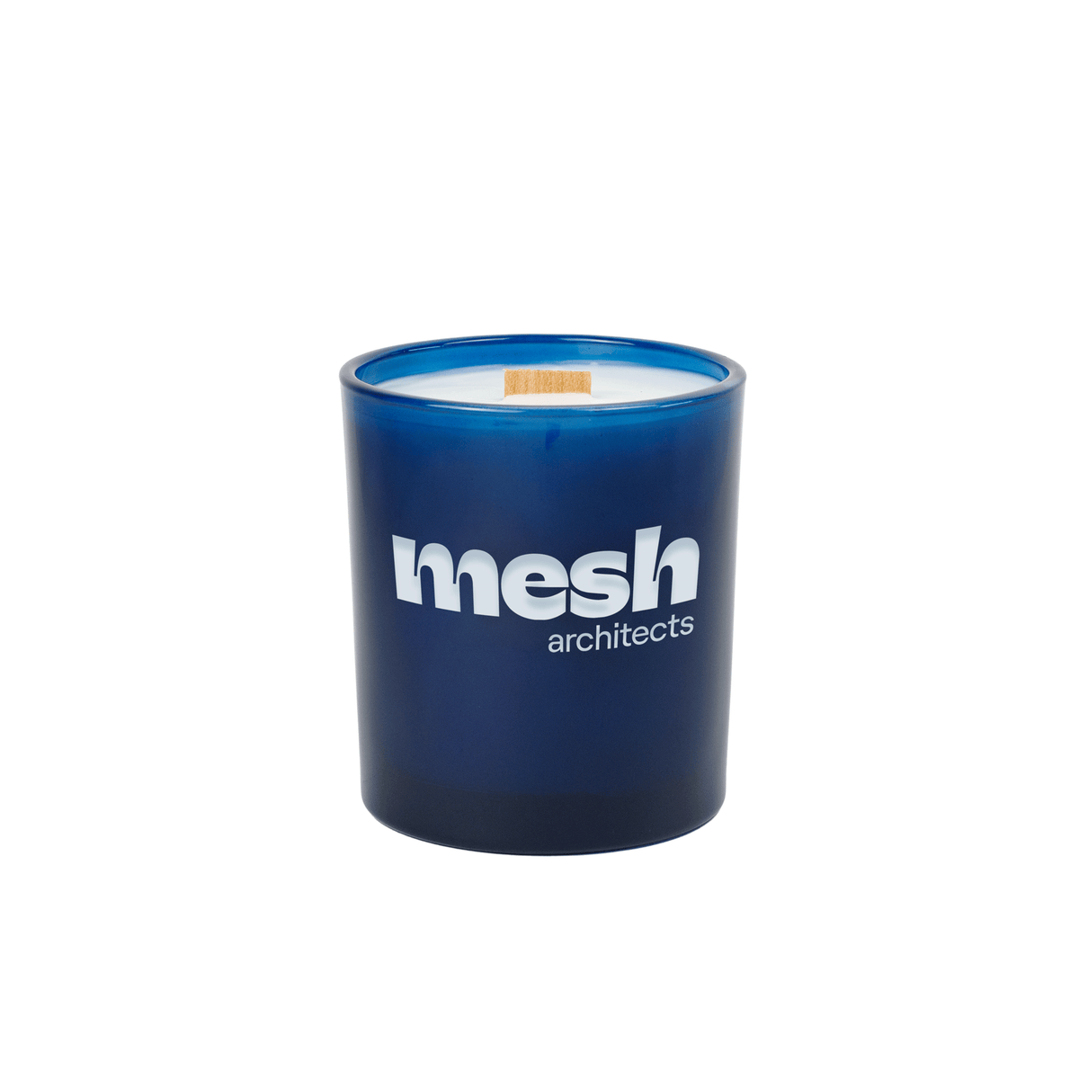 14 oz. Blue glass candle with custom engraved logo from Bath Promotions, shown without gift box