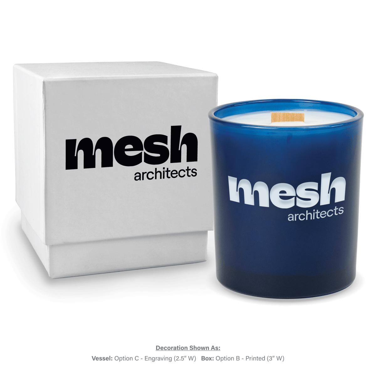 14 oz. Blue glass candle with custom engraved logo next to its matching White gift box
