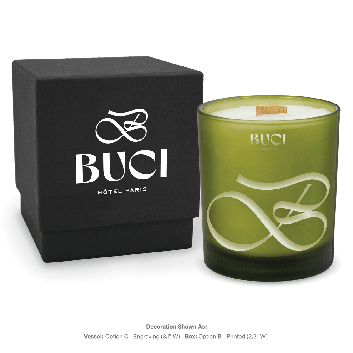 14 oz. Green glass candle with custom engraved logo next to its matching Black gift box