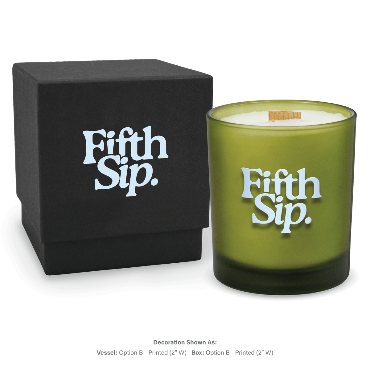 14 oz. Green glass candle with custom printed logo next to its matching Black gift box