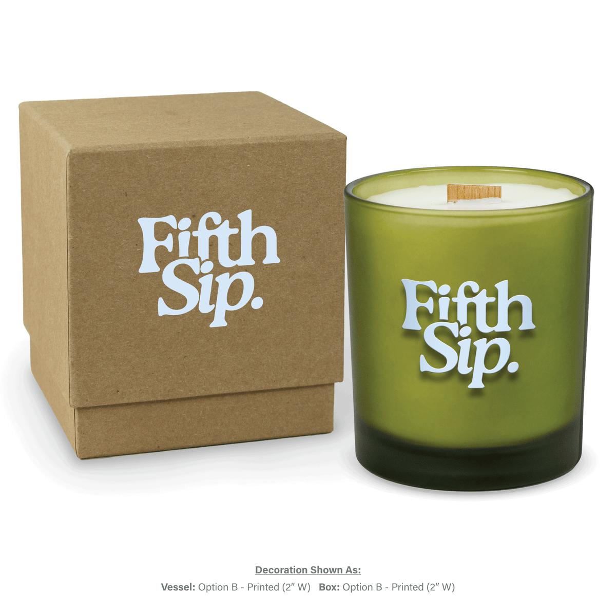 14 oz. Green glass candle with custom printed logo next to its matching Kraft gift box