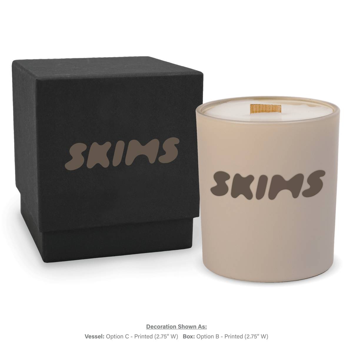 14 oz. Nude glass candle with custom printed logo next to its matching Black gift box