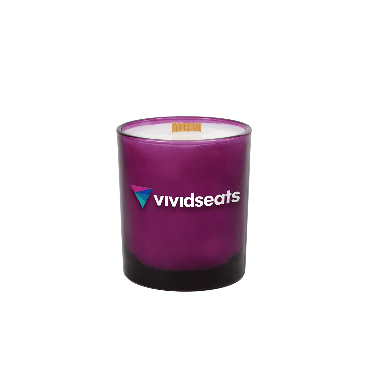14 oz. Purple glass candle with custom printed logo from Bath Promotions, shown without gift box