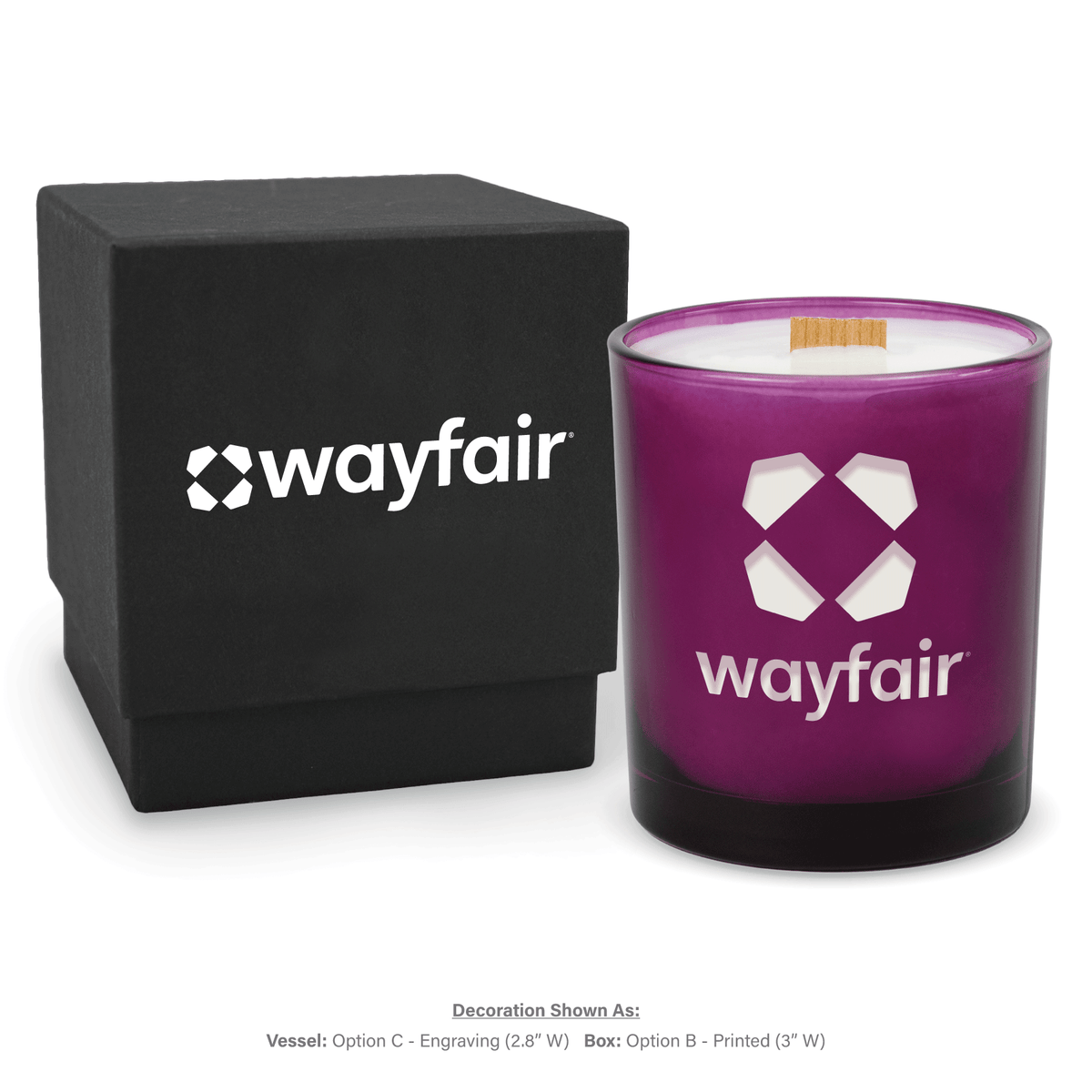 14 oz. Purple glass candle with custom engraved logo next to its matching Black gift box
