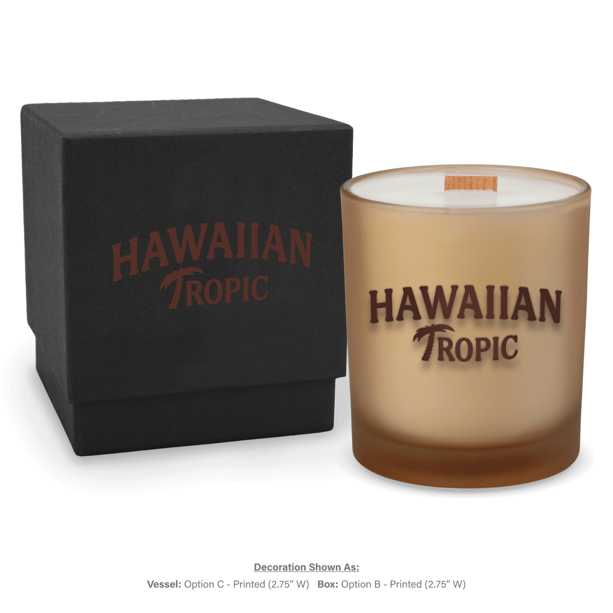 14 oz. Sand glass candle with custom printed logo next to its matching Black gift box