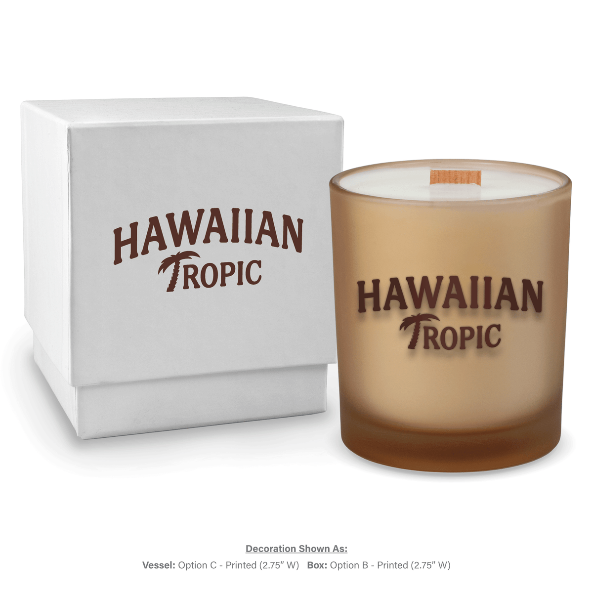 14 oz. Sand glass candle with custom printed logo next to its matching White gift box