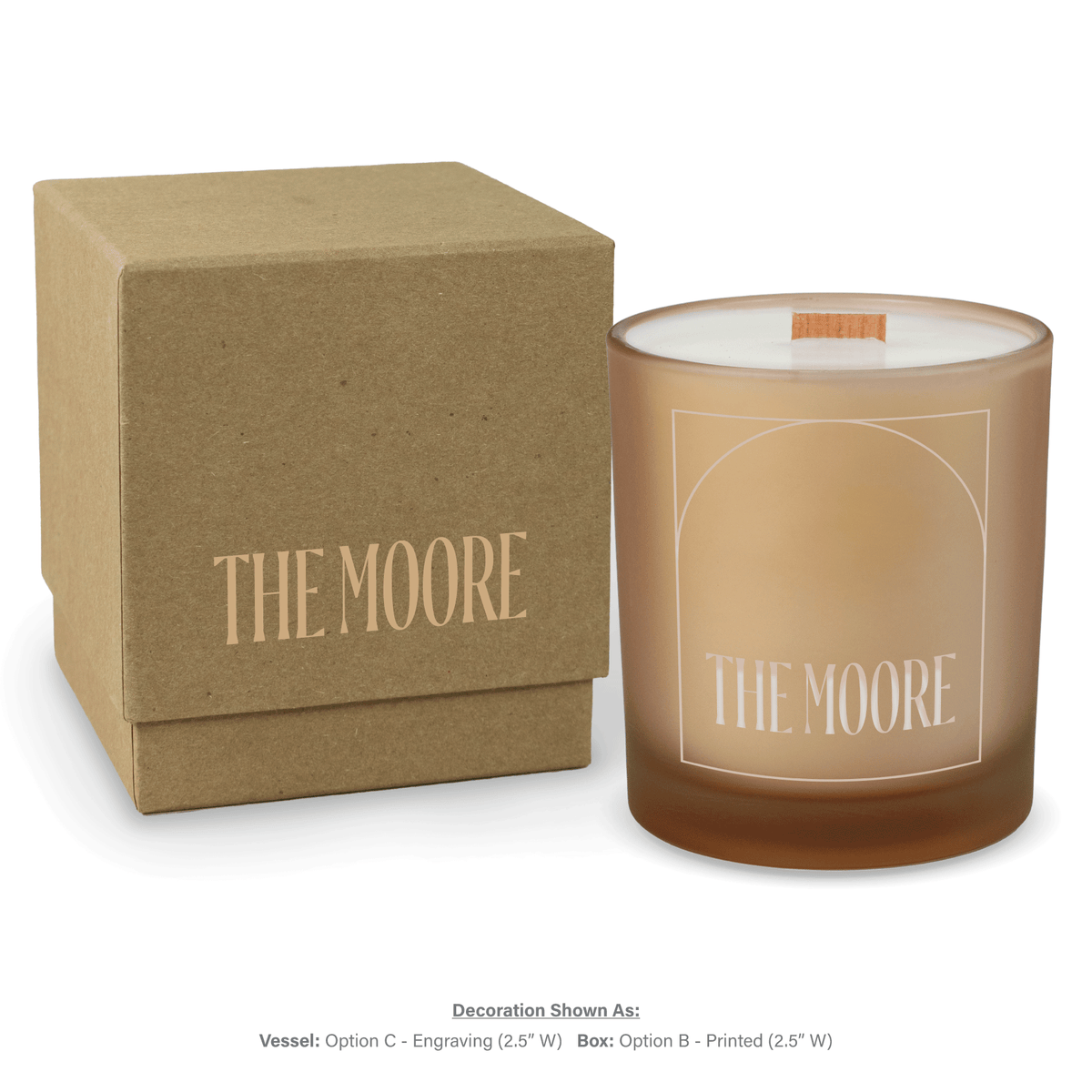 14 oz. Sand glass candle with custom engraved logo next to its matching Kraft gift box