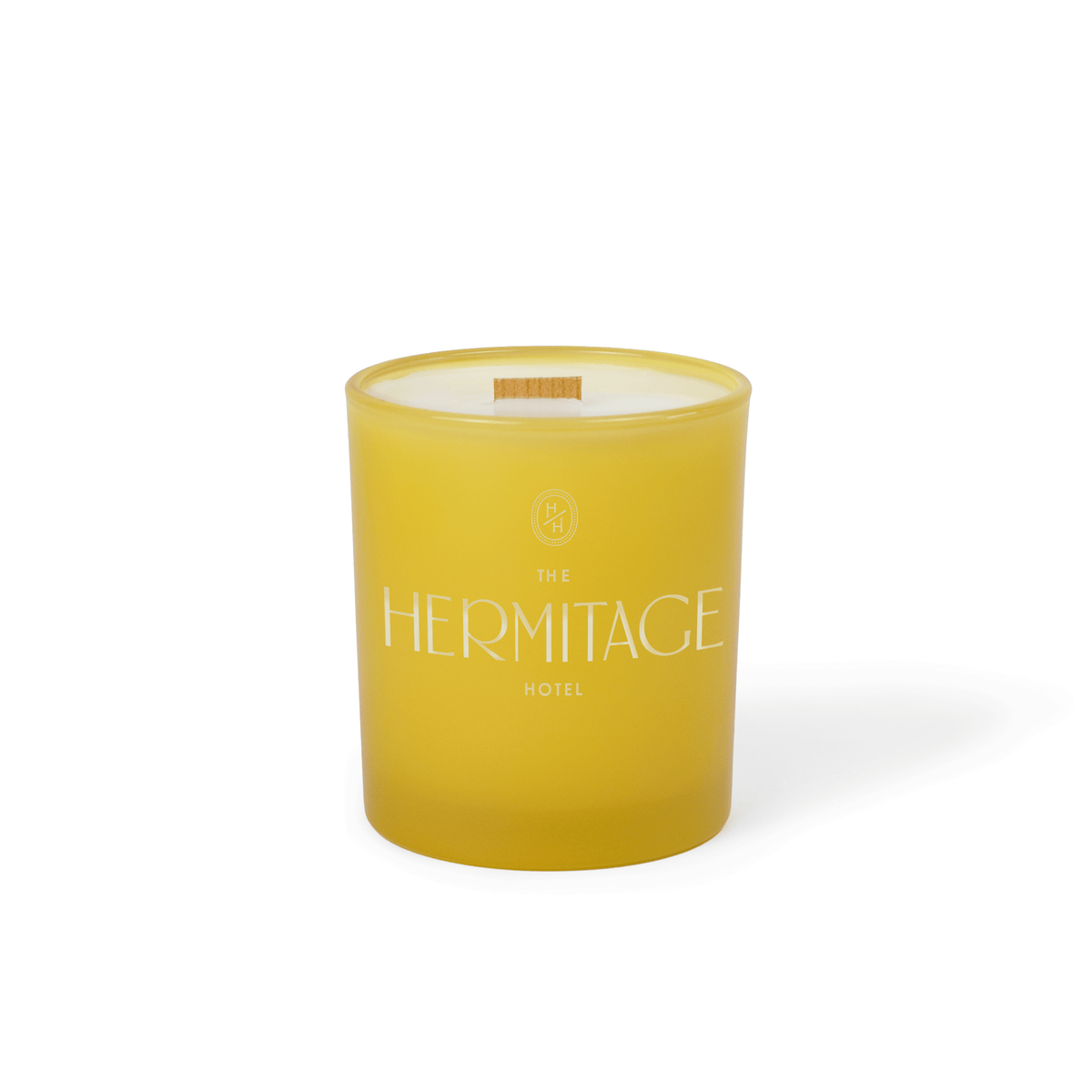 14 oz. Yellow glass candle with custom engraved logo from Bath Promotions, shown without gift box