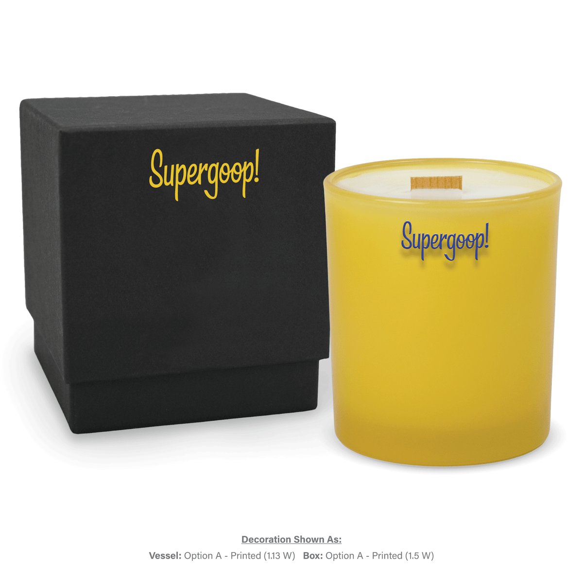 14 oz. Yellow glass candle with custom printed logo next to its matching Black gift box