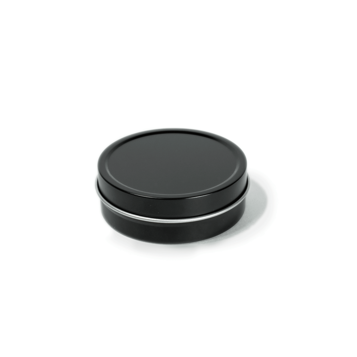 2 oz black tin travel candle shown with removable black lid.