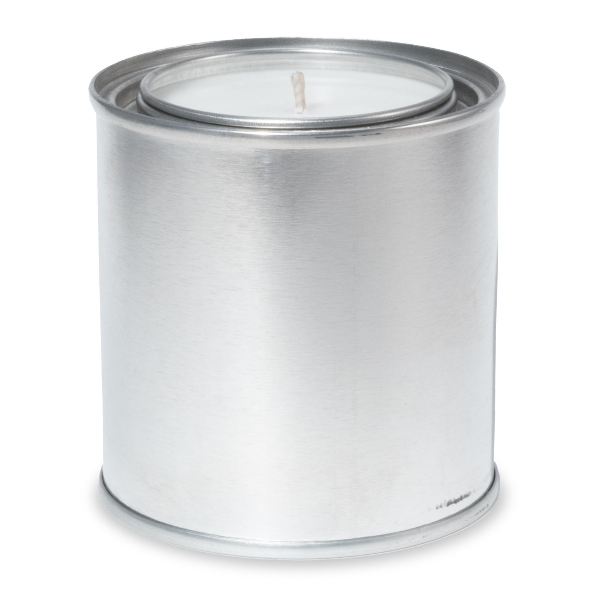 8 oz open silver paint can candle with white wax and cotton wick.
