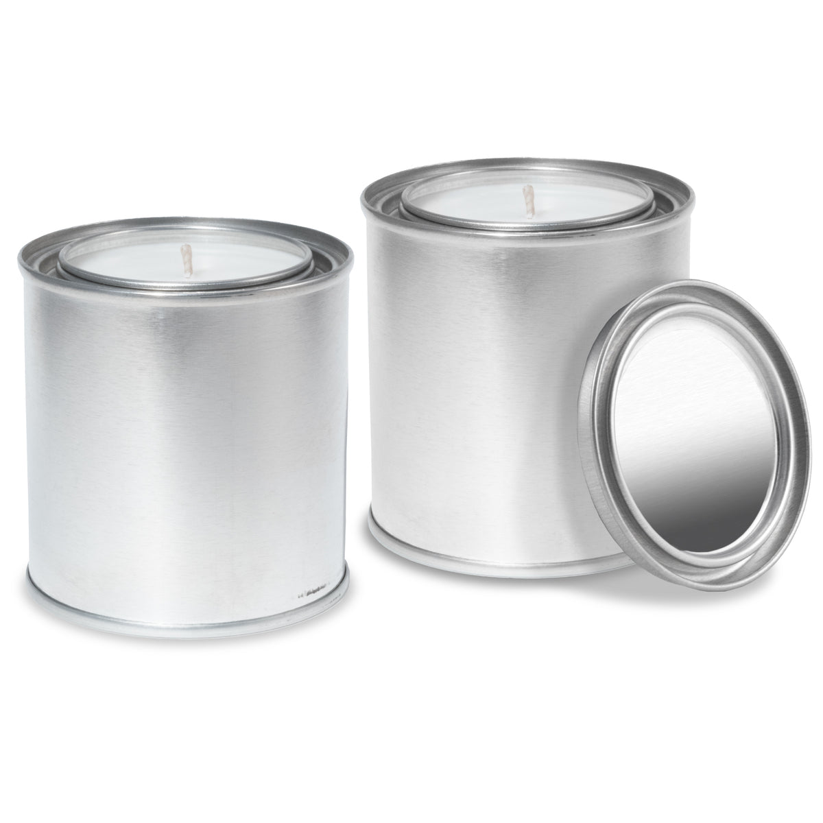 Two 8 oz silver paint can candles open showing white wax with cotton wick, plus a removable lid.