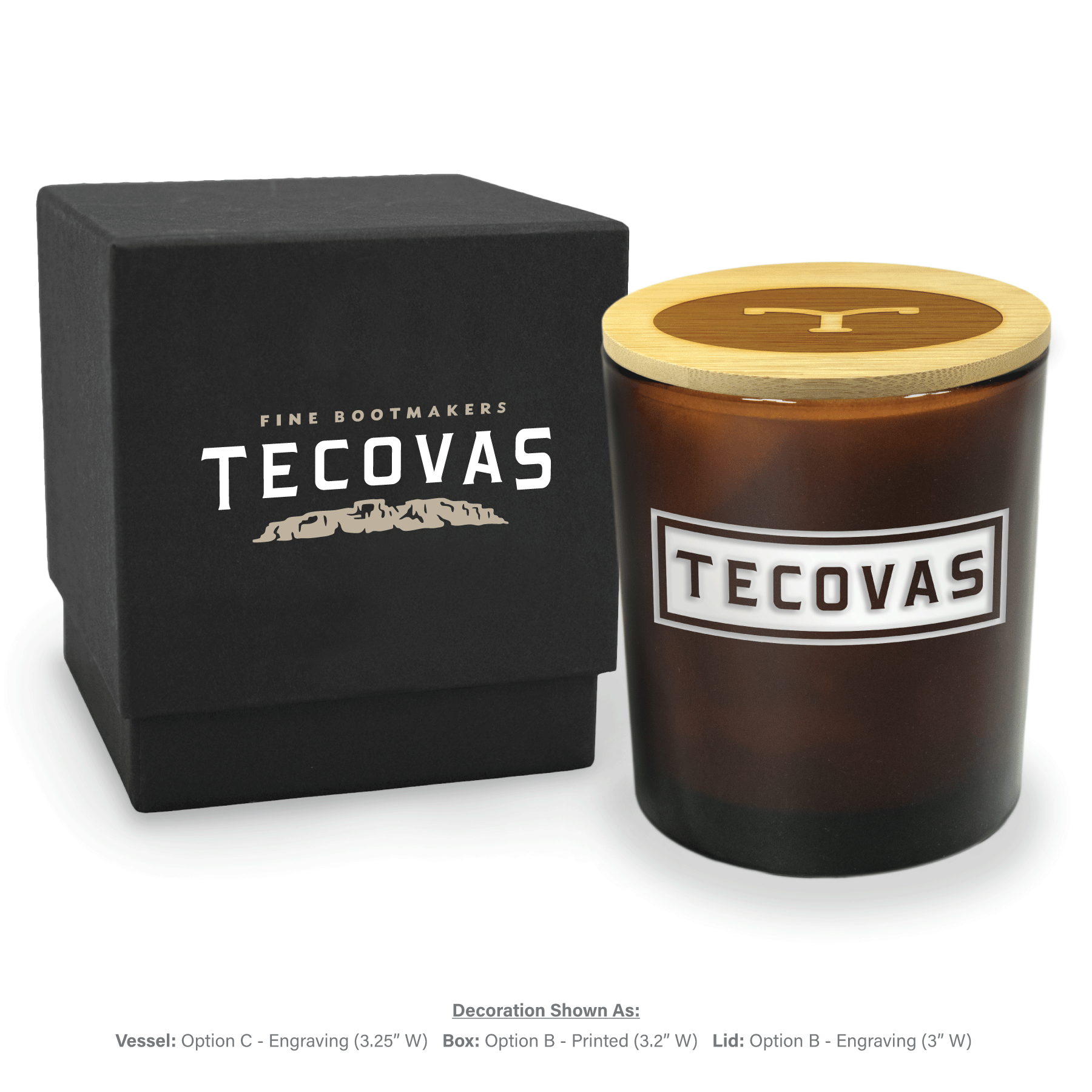14 oz engraved amber luxury candle with black gift box and lid on