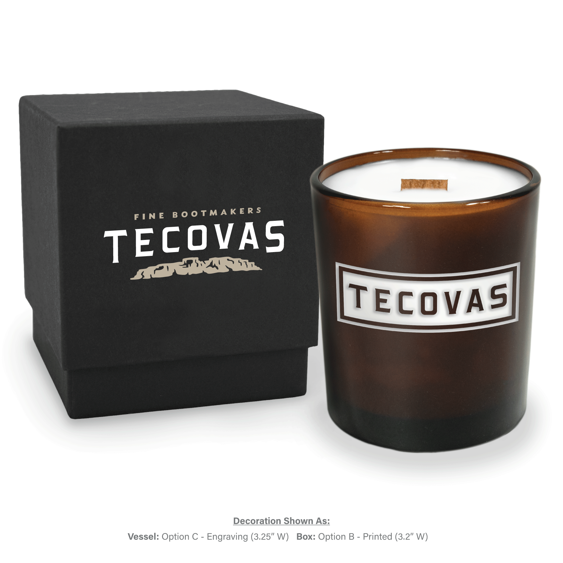 14 oz engraved amber luxury candle with black gift box and lid off