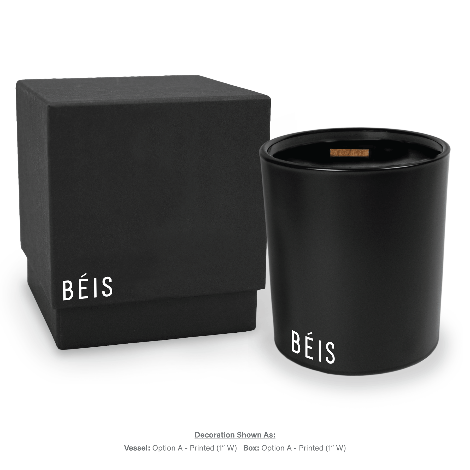 14 oz black glass candle with wooden wick and black wax next to matching black gift box, both featuring white branding.