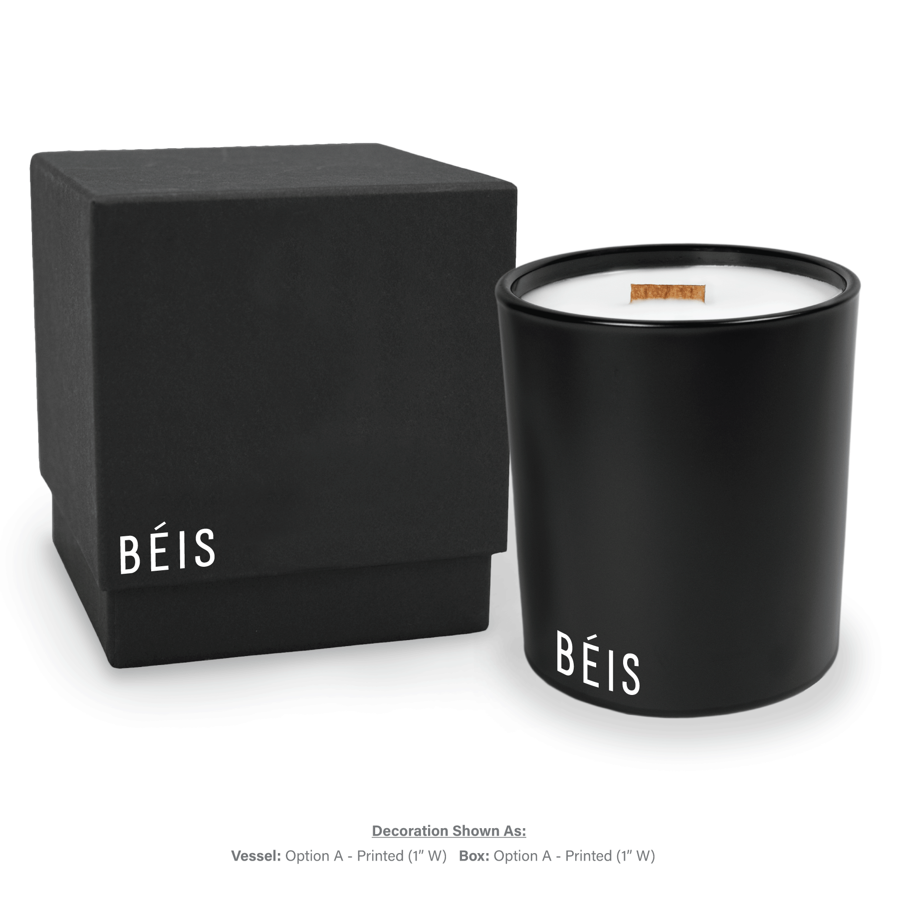 14 oz black glass candle with wooden wick and white wax next to matching black gift box, both featuring white branding.
