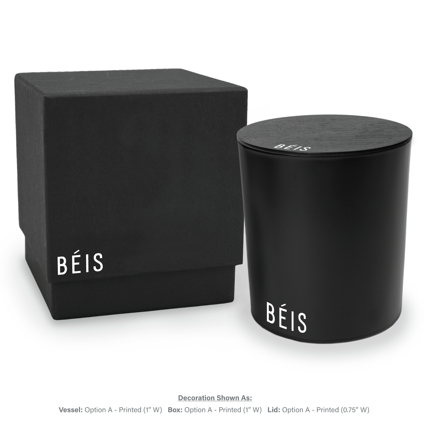 14 oz black glass candle closed with black lid next to matching black gift box, all featuring white branding.