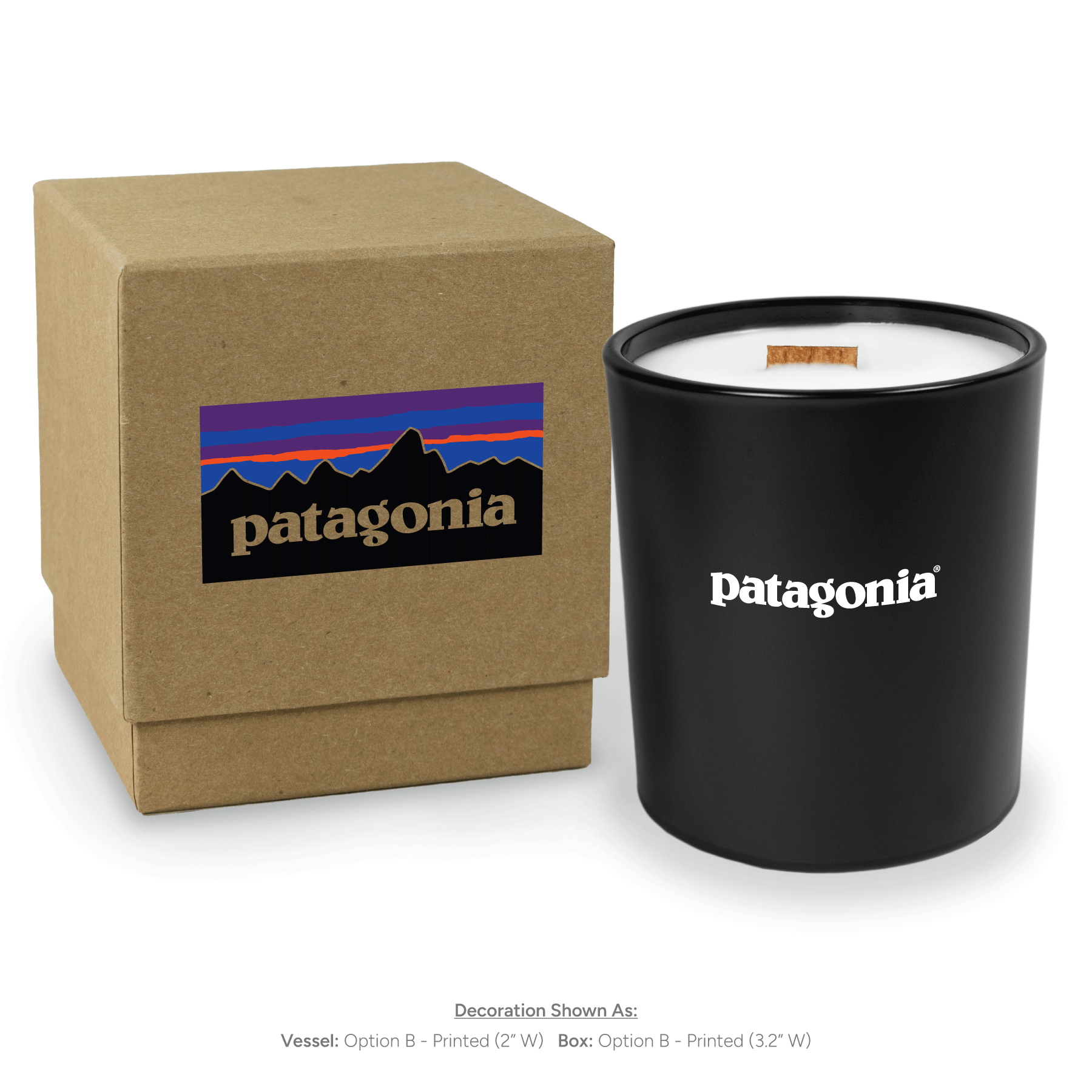 14 oz black glass candle with wooden wick and white wax next to matching kraft gift box, both featuring branding.