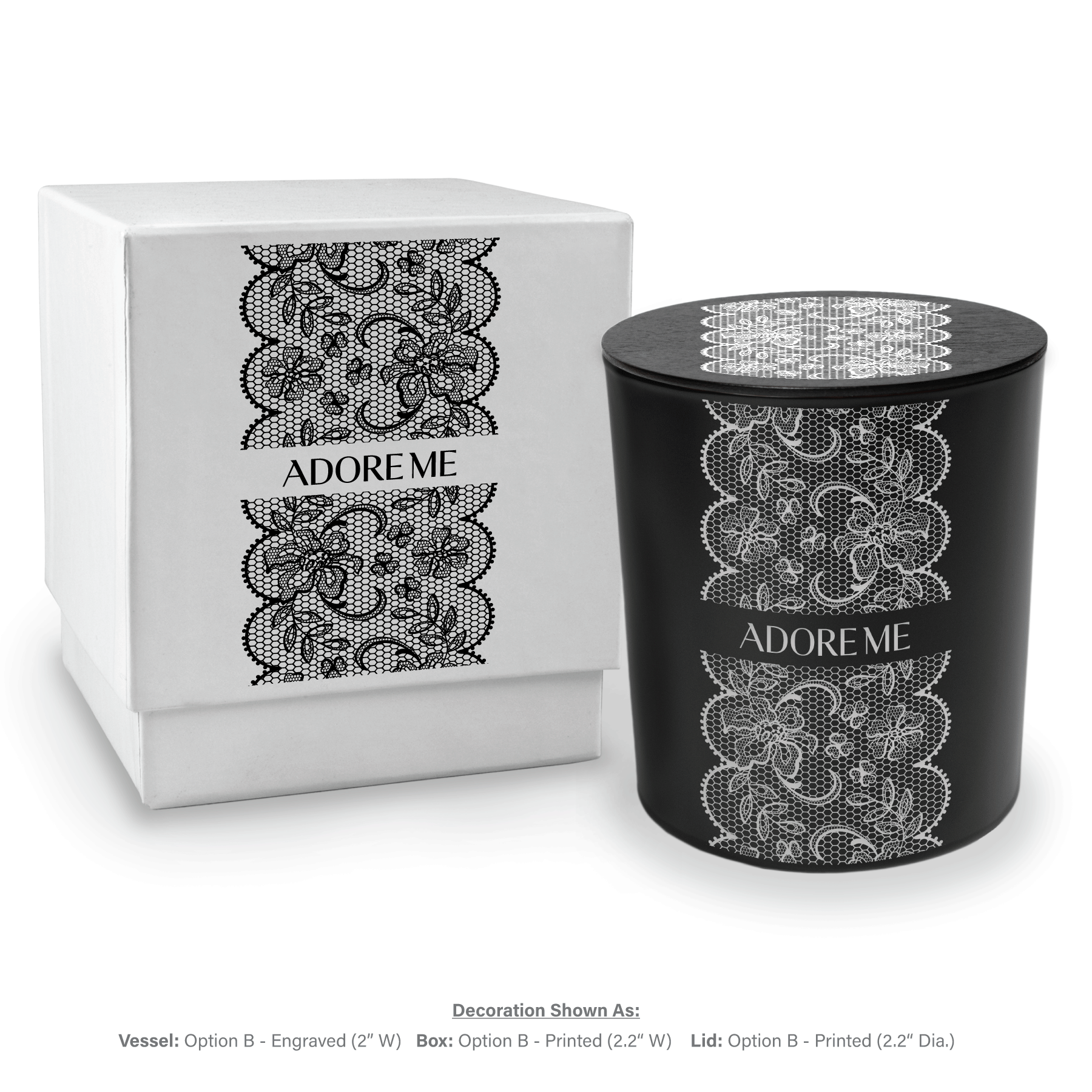 Detailed view of 14 oz black luxury candle with custom engraving and gift box presentation