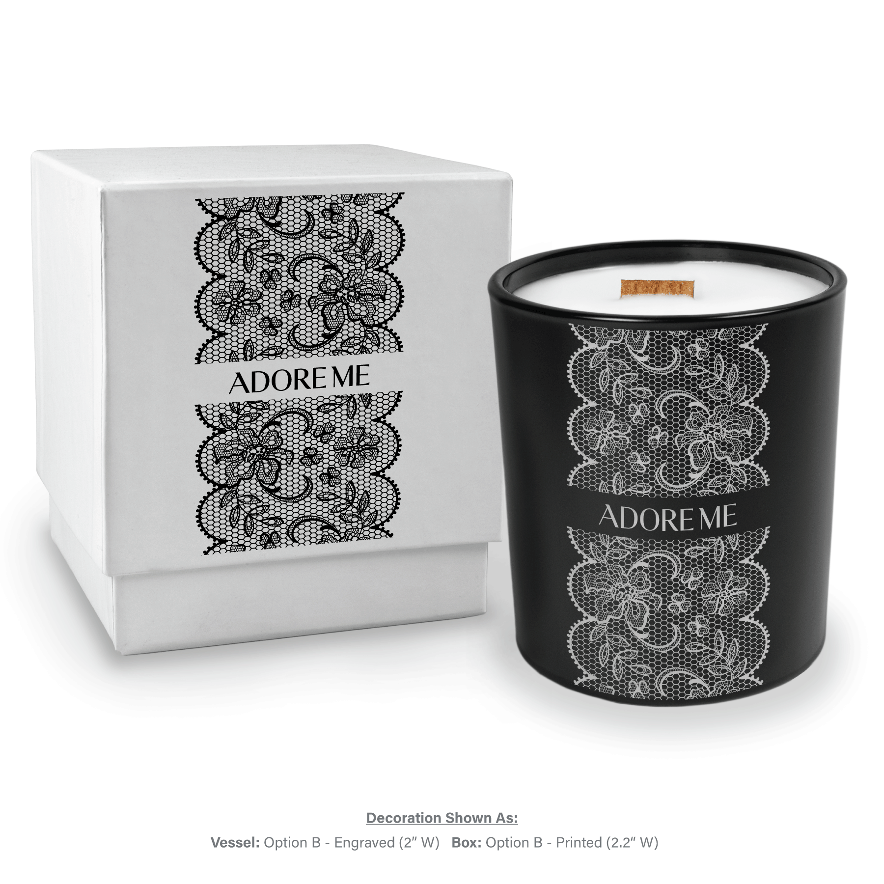 Black luxury candle with white gift box packaging, showing custom engraving and premium quality
