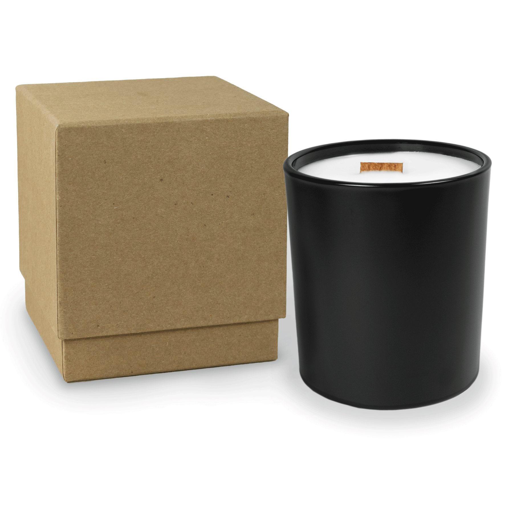 14 oz black glass candle with wooden wick and white wax next to kraft gift box.
