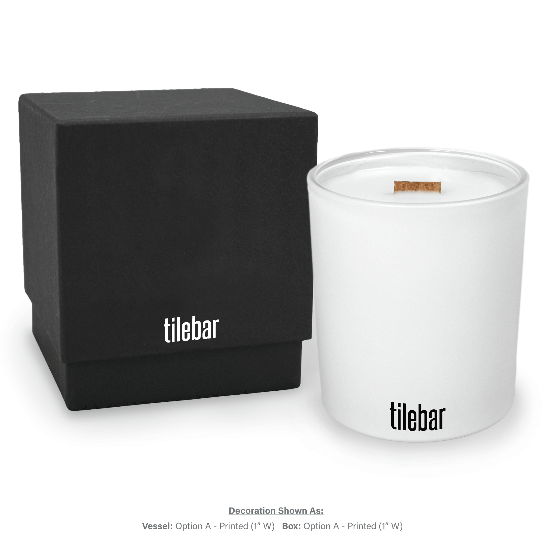 14 oz luxury white soy candle with wooden wick in black gift box, lid removed, featuring 1-color imprint.