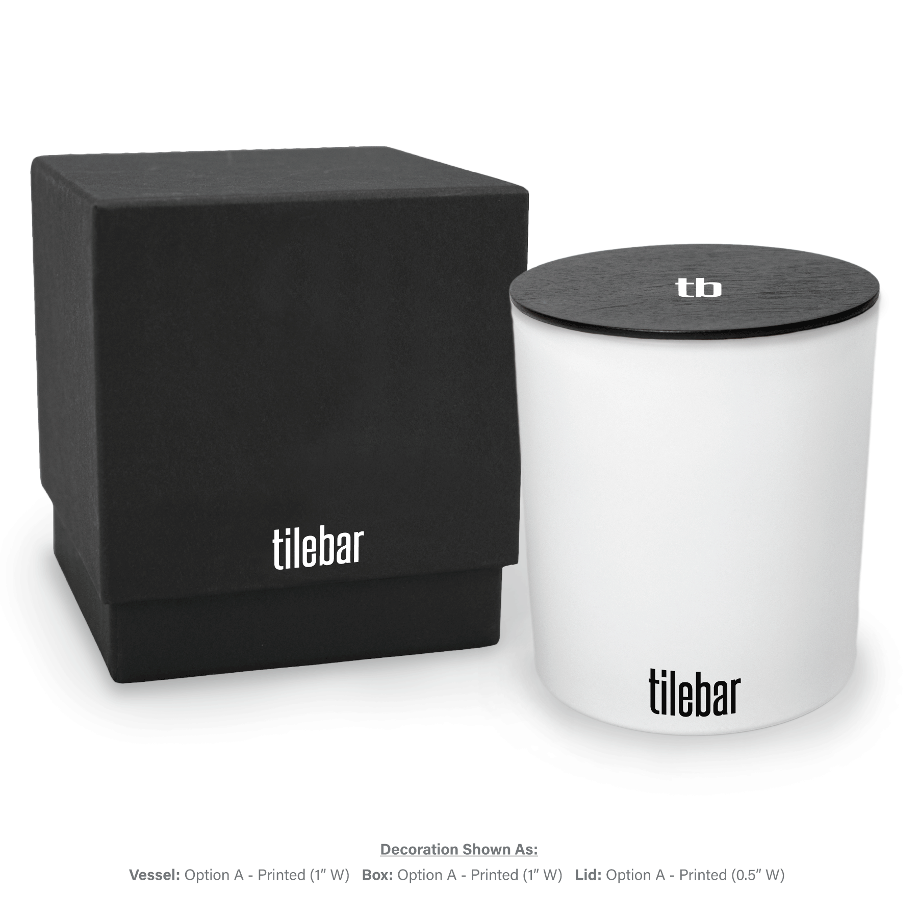 14 oz luxury white soy candle with wooden wick in black gift box with lid on, featuring 1-color imprint