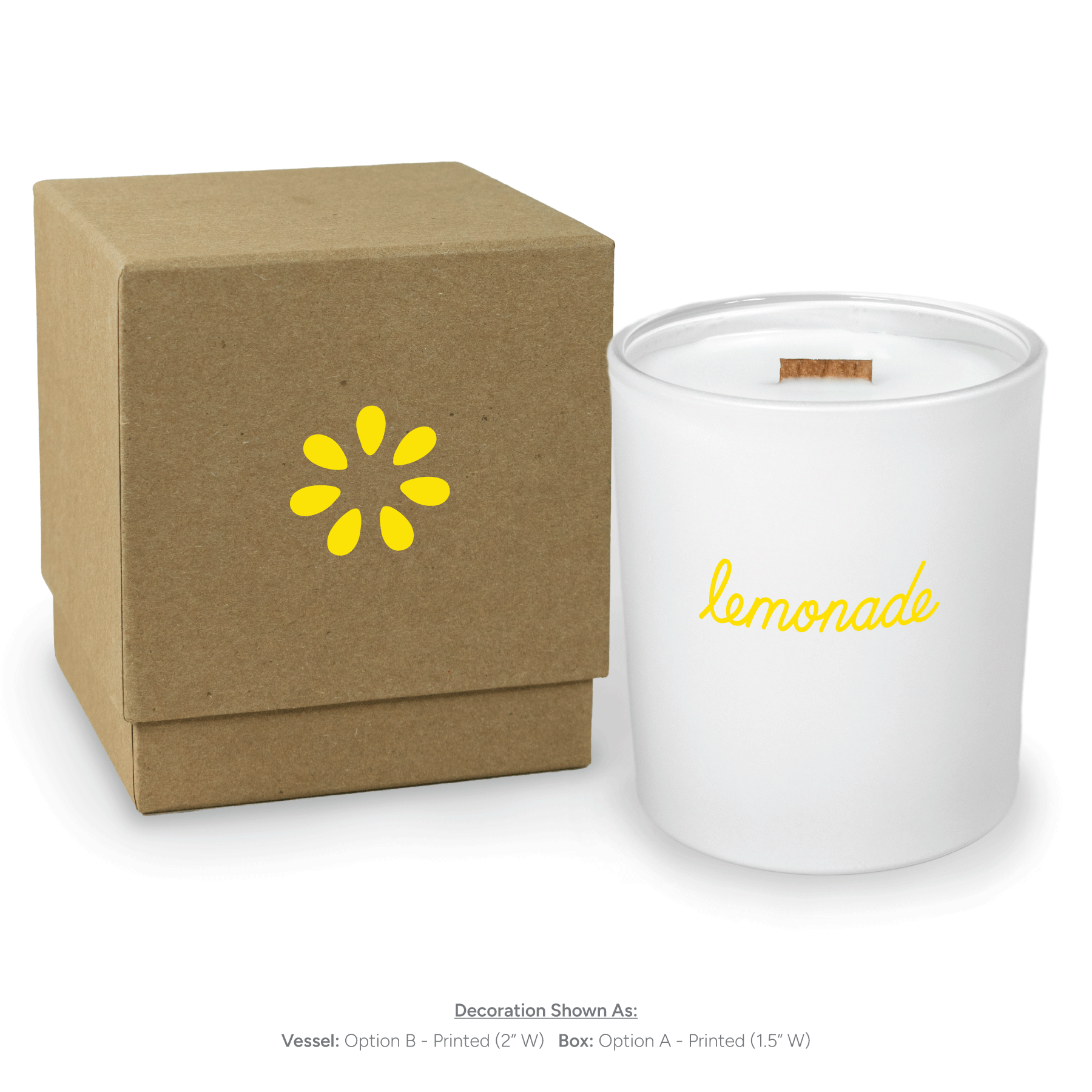 14 oz luxury white soy candle with wooden wick and white gift box, lid removed, featuring 4-color imprint
