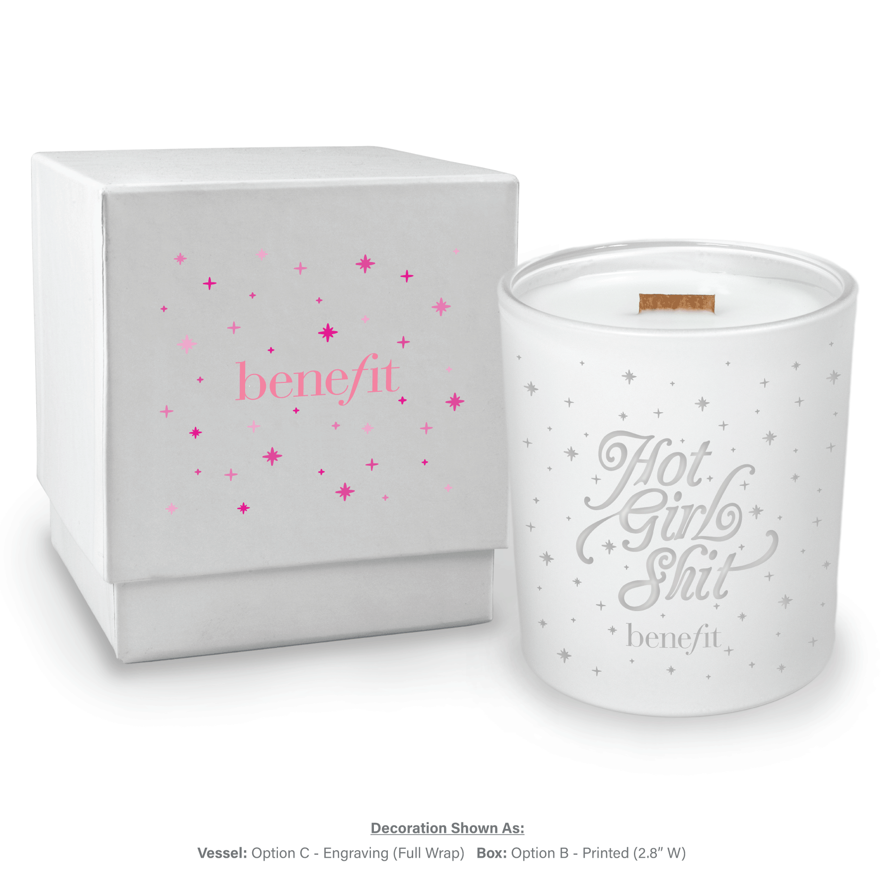 14 oz engraved luxury white soy candle with wooden wick and white gift box, lid removed showing candle