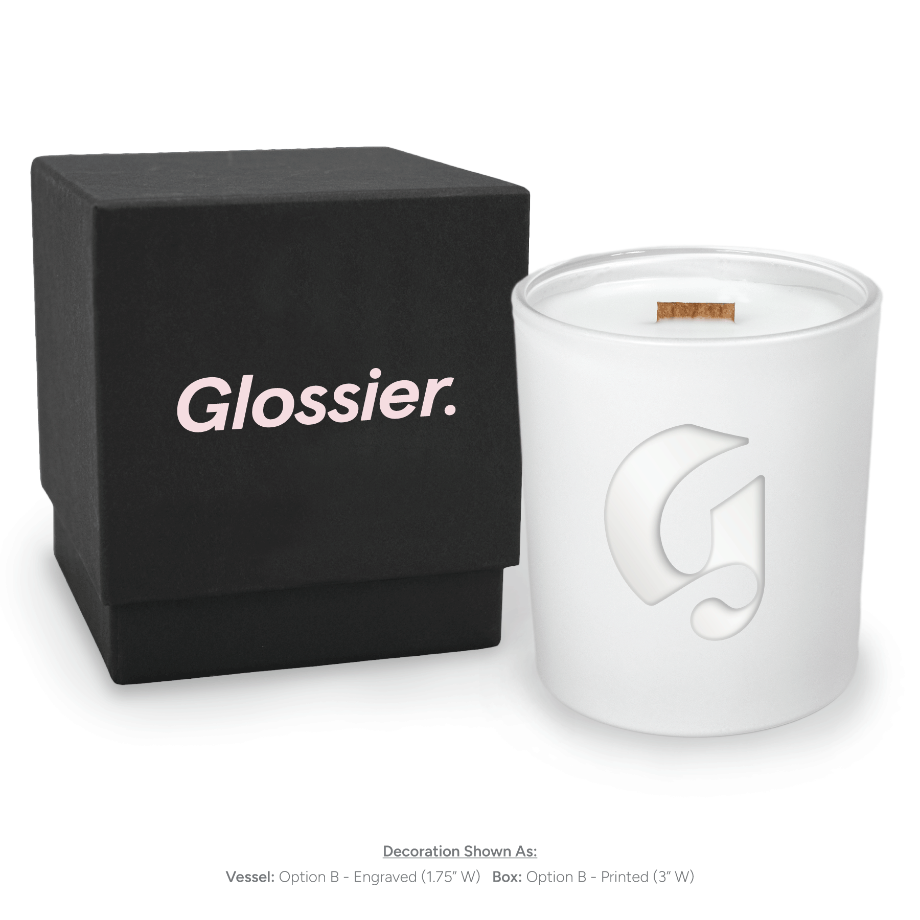 14 oz engraved luxury white soy candle with wooden wick and white gift box, lid removed showing candle