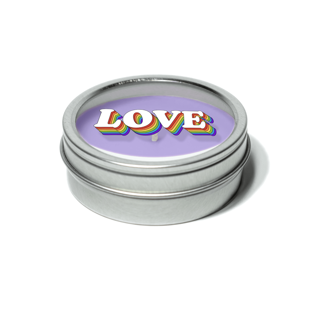 2 oz closed silver tin candle displaying branding in colorful text, with purple wax and cotton wick.