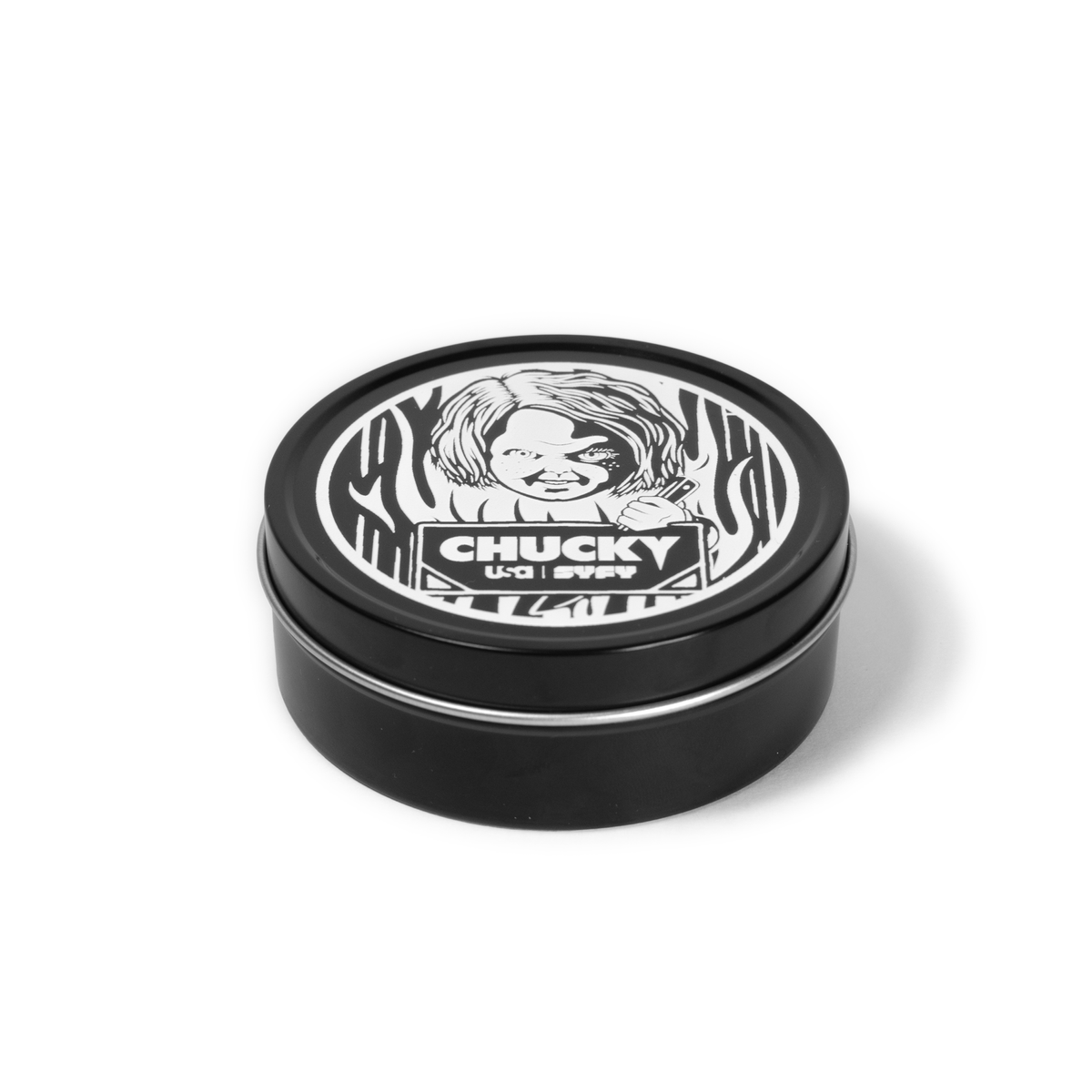 4 oz black tin travel candle shown with removable black lid featuring white imagery.