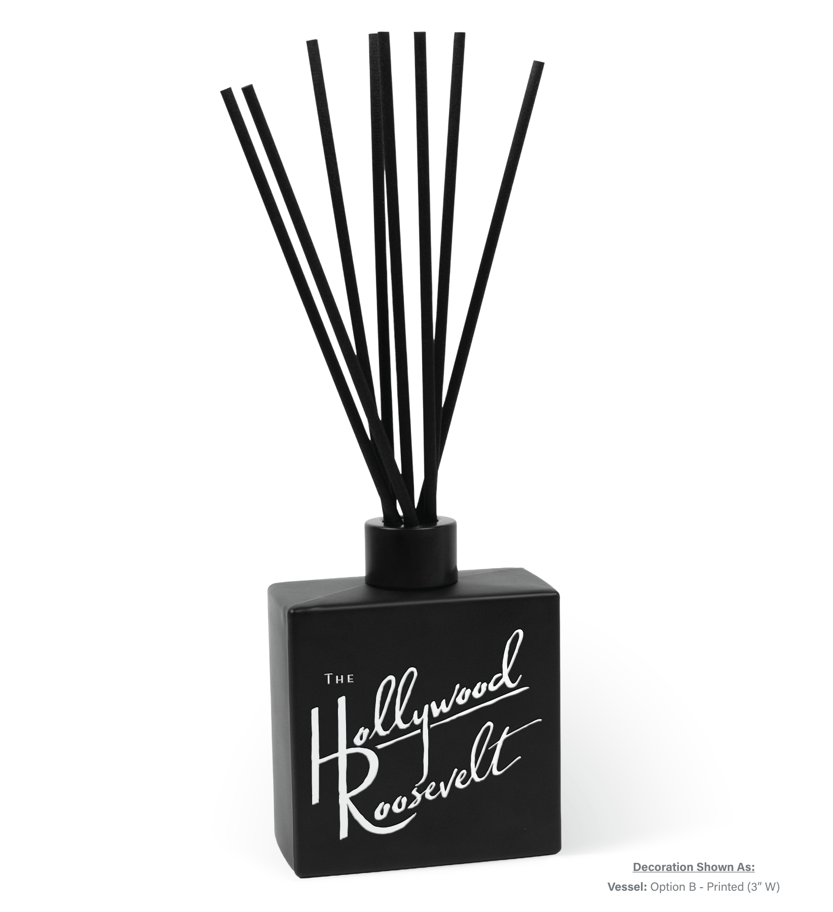8 oz black glass reed diffuser highlighting custom imprint and premium matte finish