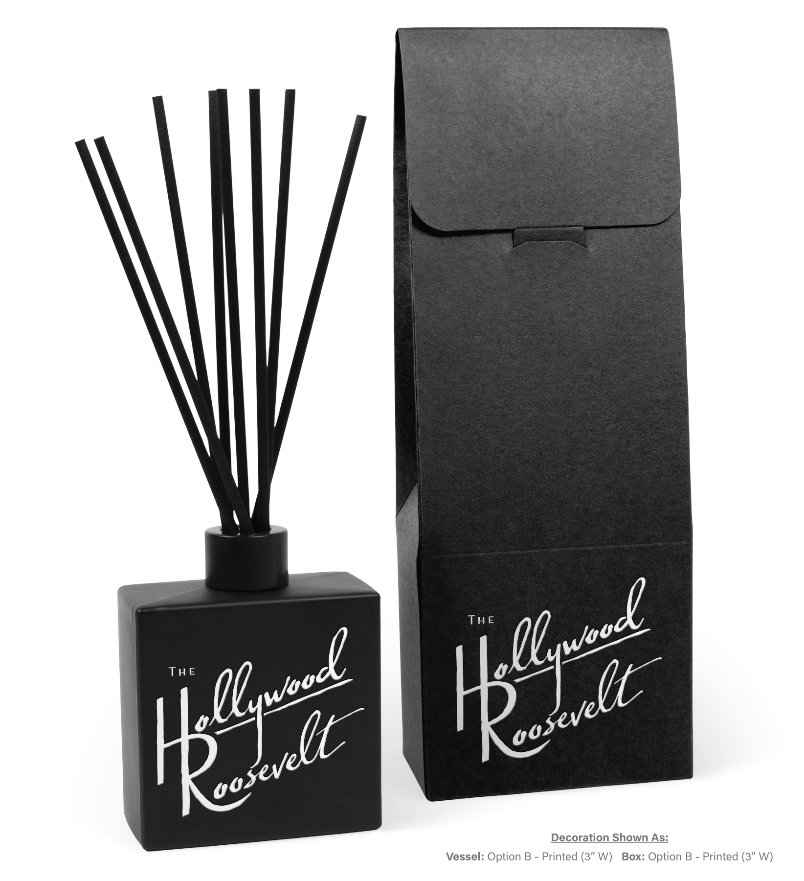 8 oz black reed diffuser packaging showing black box with product for corporate gift presentation
