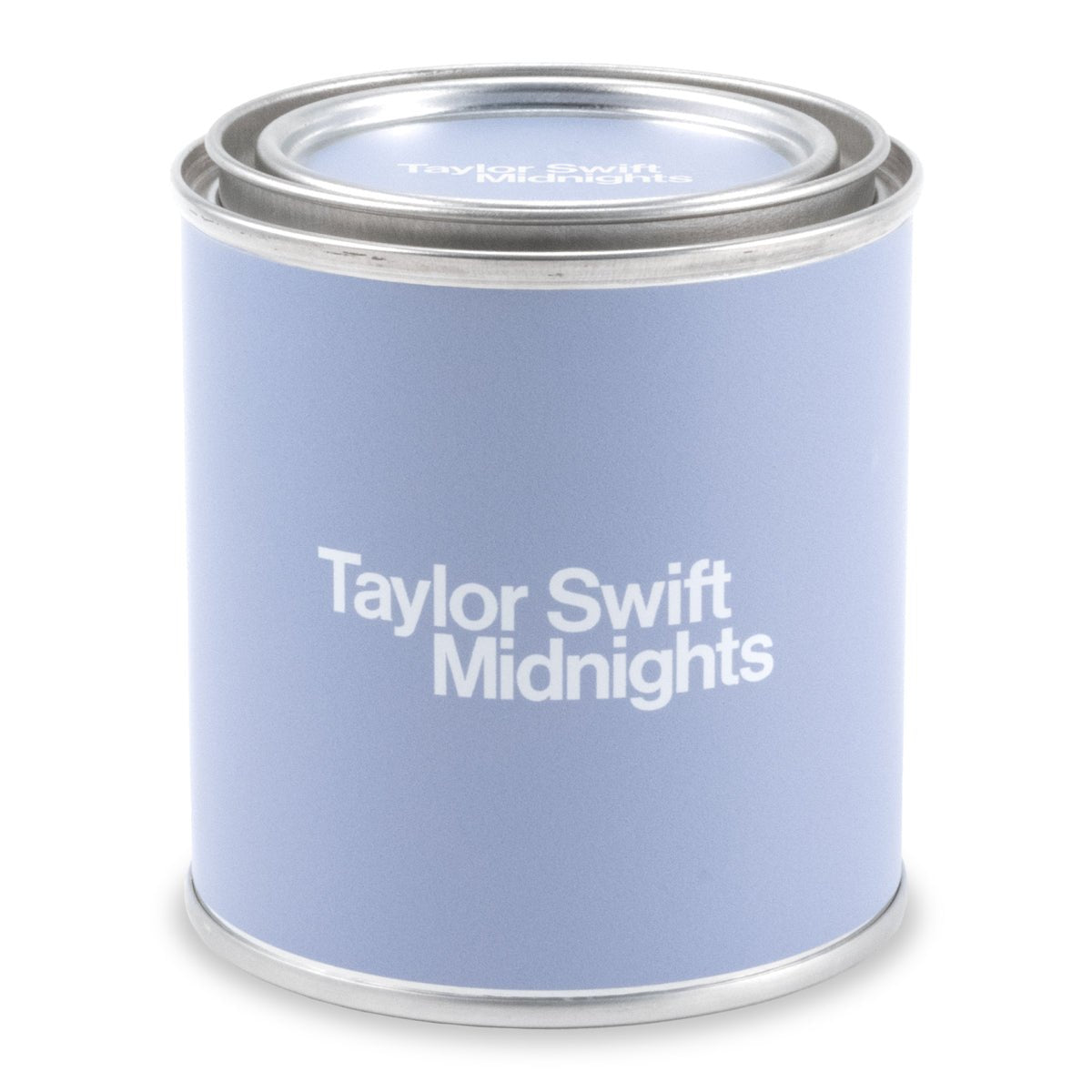 8 oz silver paint can candle featuring lavender label with text in white lettering on both the can and removable lid.
