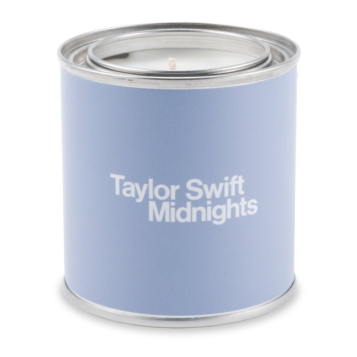 8 oz open silver paint can candle with white wax and cotton wick, featuring lavender label with white lettering.