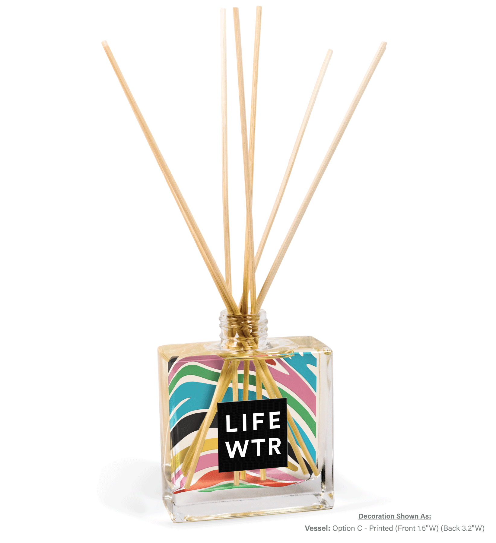 8 oz clear glass reed diffuser bottle with custom branding, showing professional quality promotional product with natural reeds