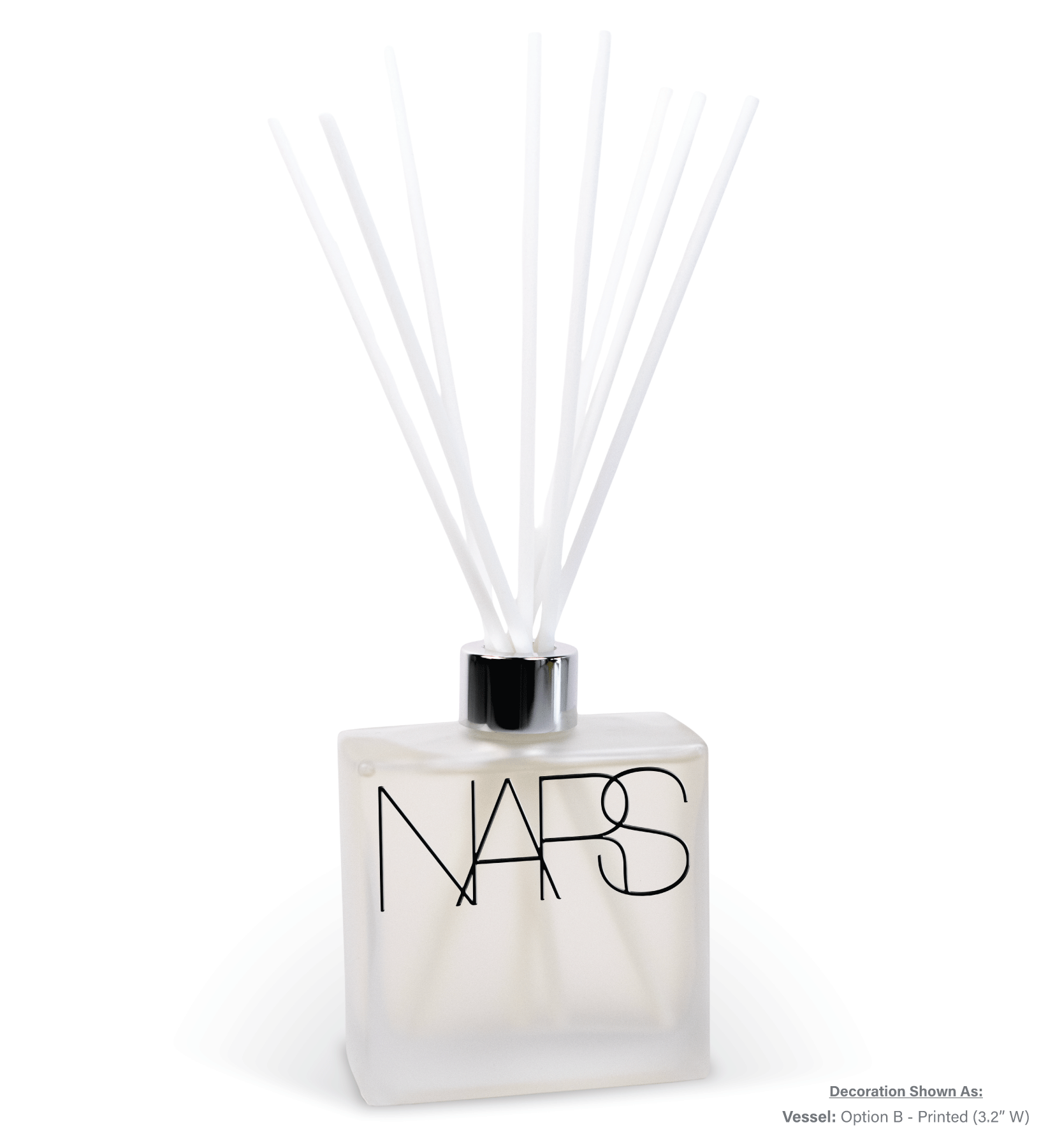 8 oz frosted glass reed diffuser displaying white reeds and custom imprint
