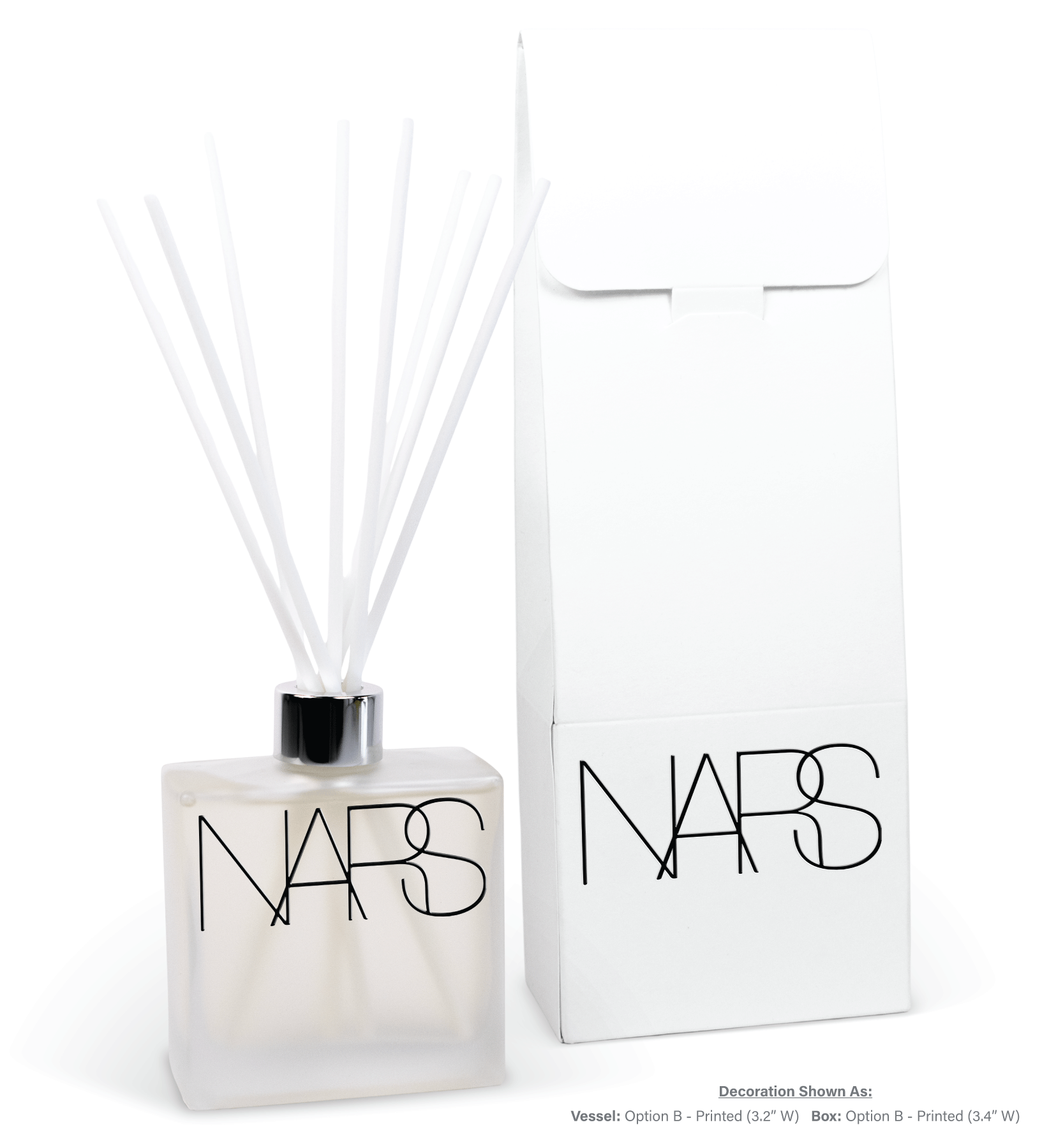 8 oz frosted reed diffuser with white gift box showing branding customization options
