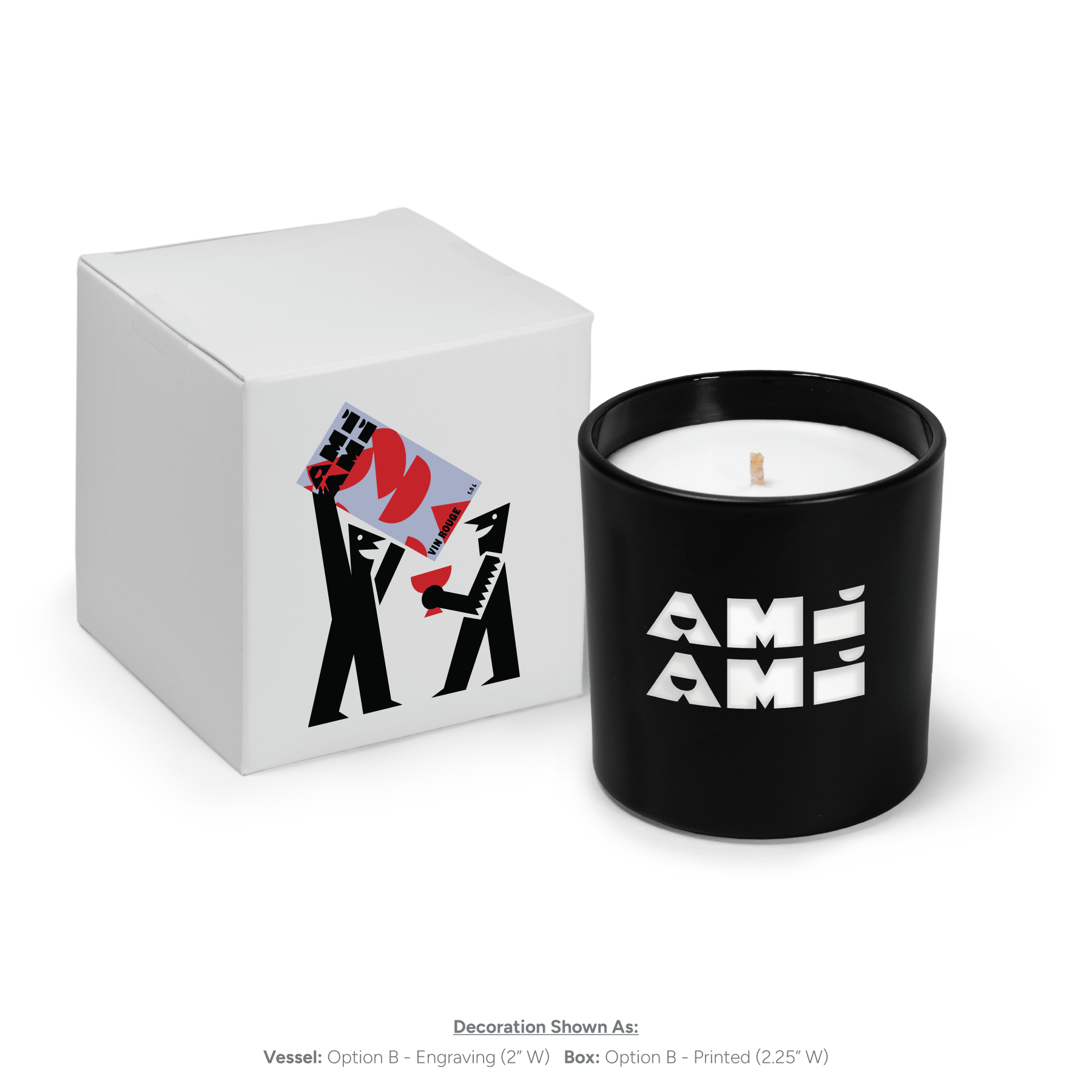 9 oz black glass candle with engraved logo and white gift box with 4 color branding.