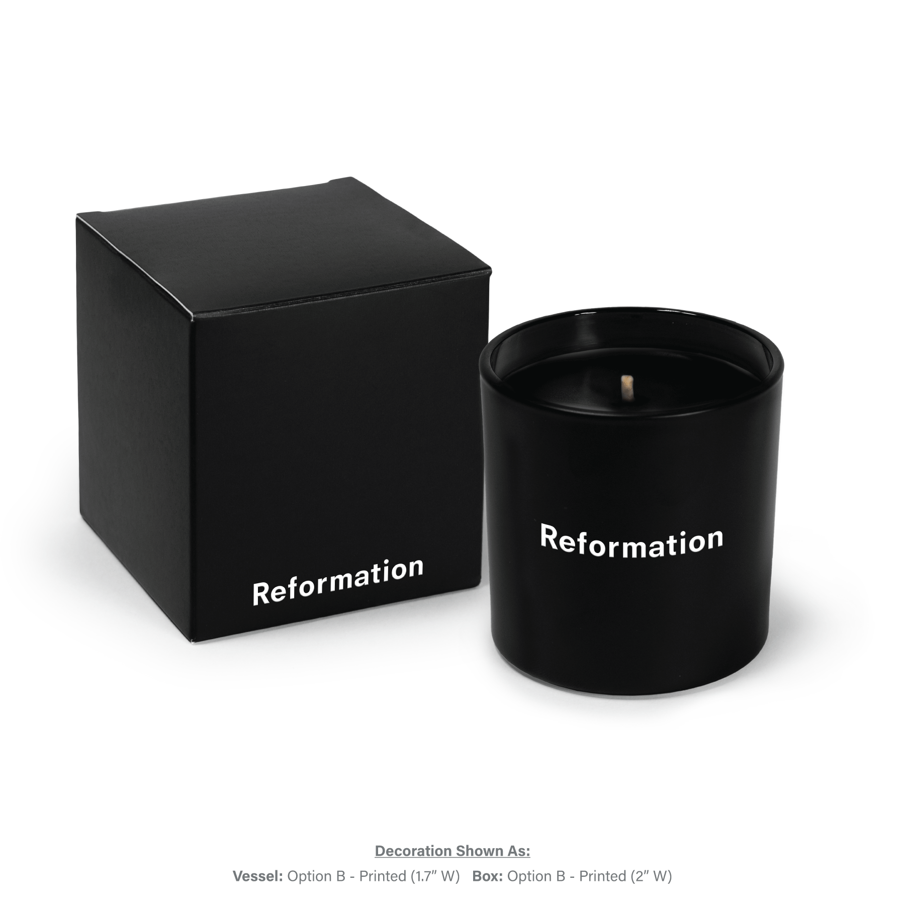 9 oz black glass candle with cotton wick and black wax next to matching black gift box, both featuring white text.