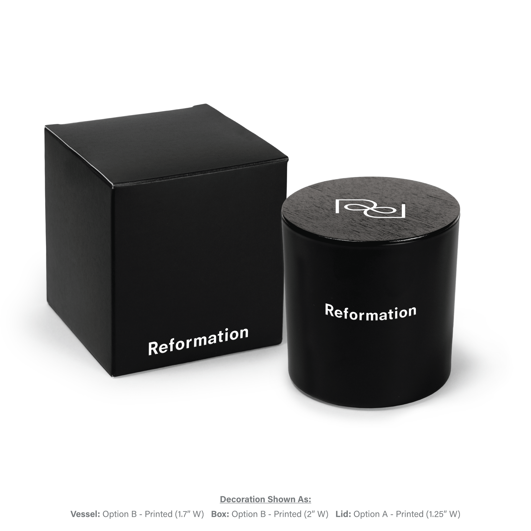 9 oz black glass candle closed with black lid next to matching black gift box, all featuring white branding.