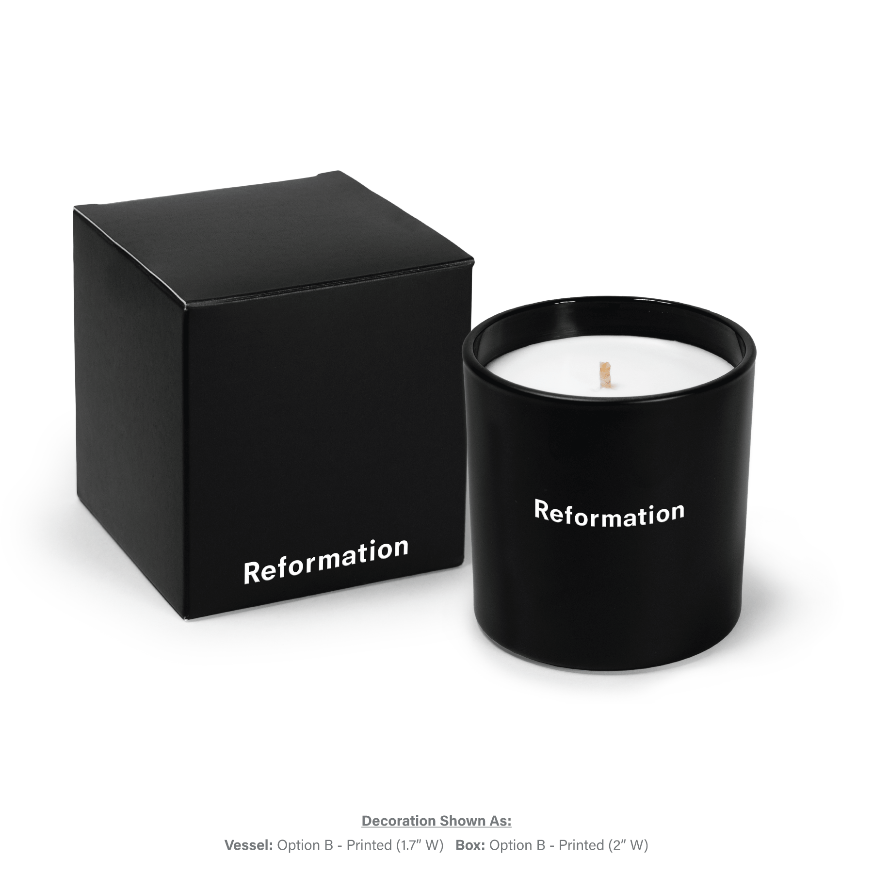9 oz black glass candle with cotton wick and white wax next to matching black gift box, both featuring white text.