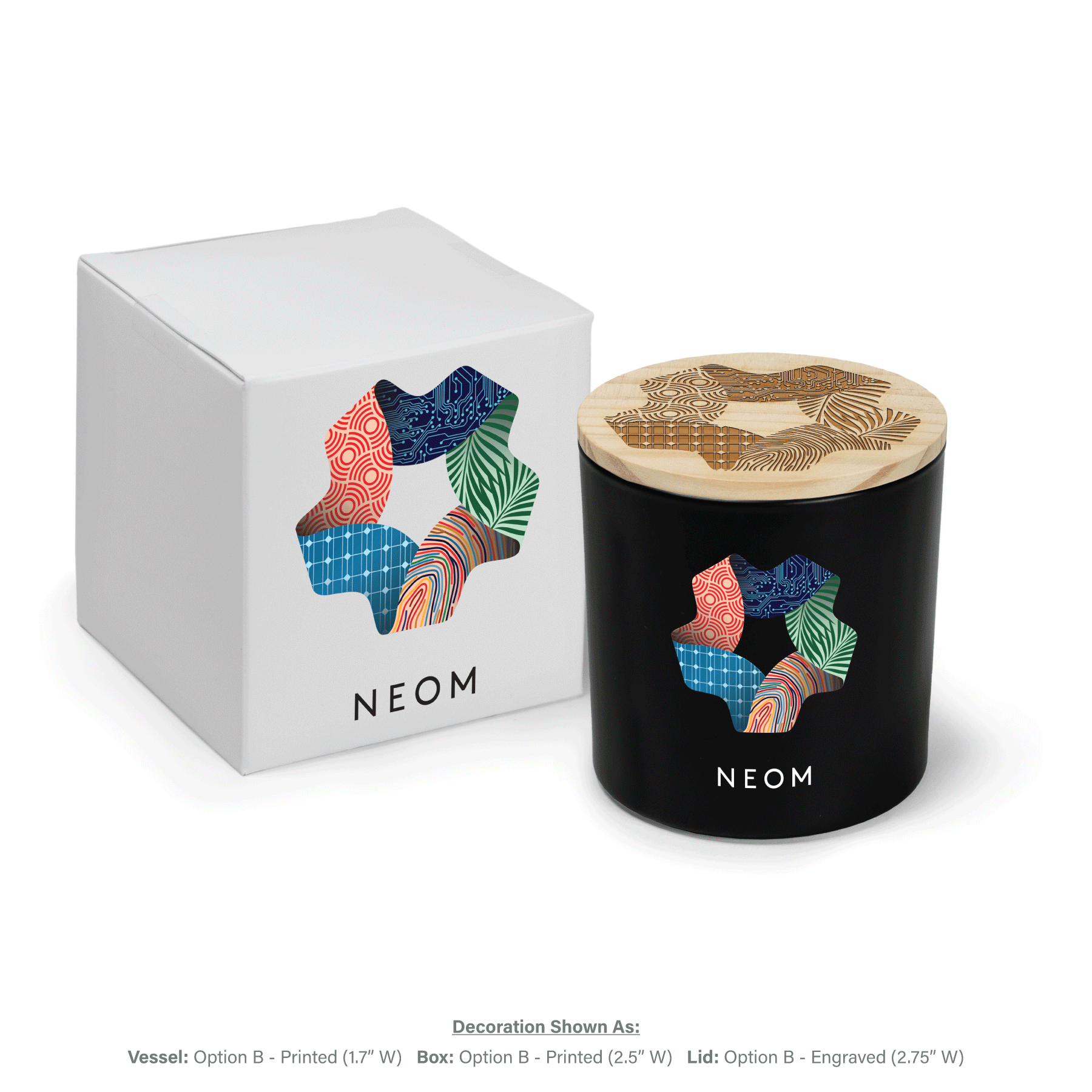 9 oz black glass candle closed with engraved wooden lid next to white gift box, all featuring matching branding.