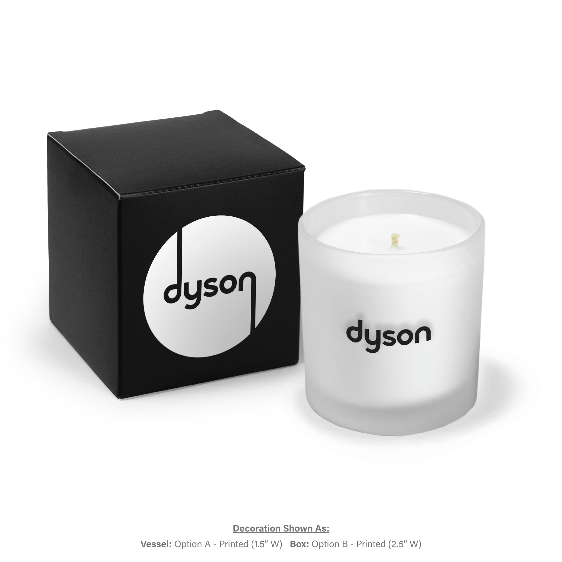 9 oz frosted glass candle with black text next to black gift box with white circular logo on light background.