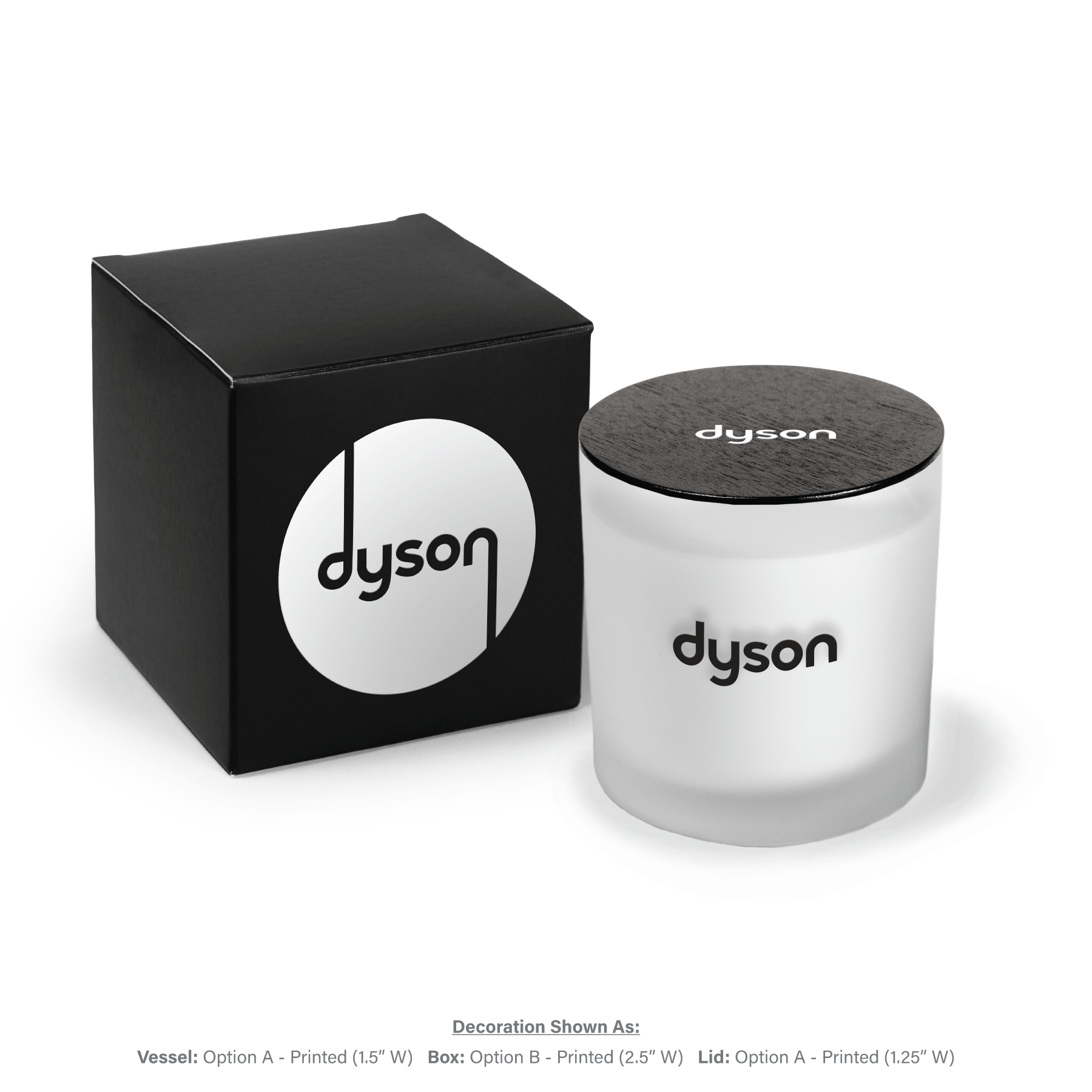 9 oz frosted glass candle with black logo and black wooden lid with white text next to black gift box with matching white branding.