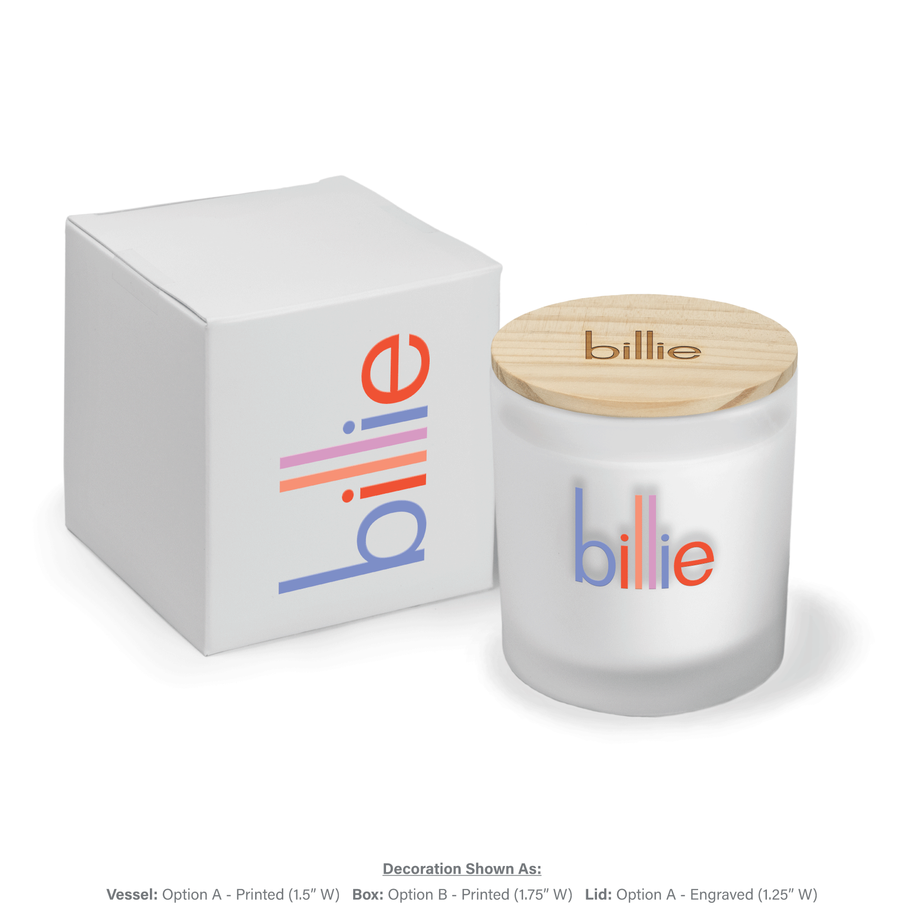 9 oz frosted glass candle with colorful logo covered with engraved wooden lid next to matching white gift box colorful branding on light background.