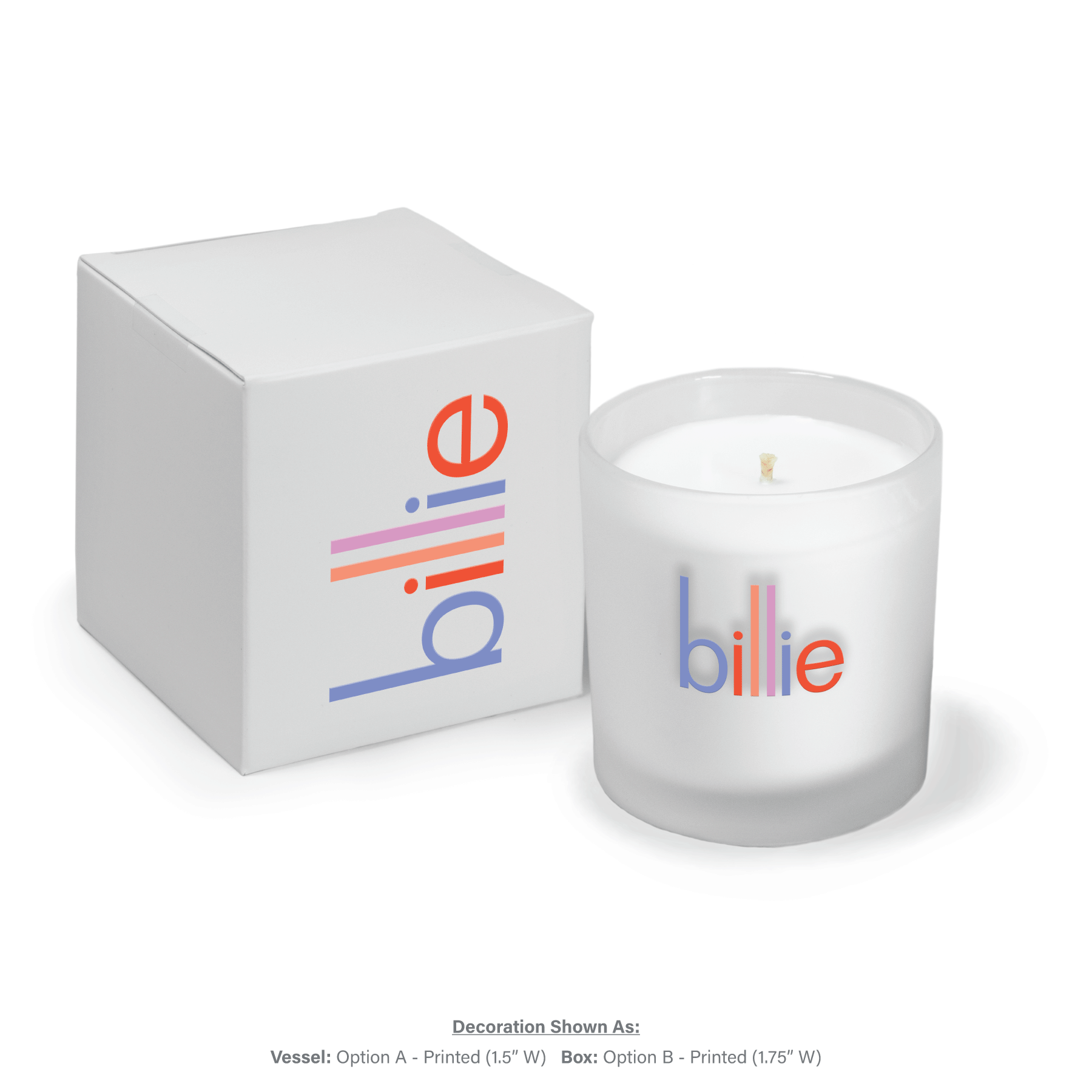 9 oz frosted glass candle with colorful logo next to matching white gift box with same branding on light background.